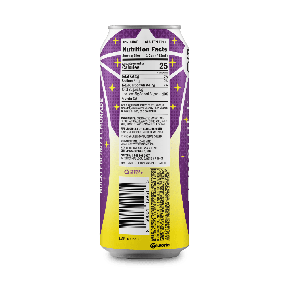Can of CBD Hucklebrry lemonade with nutrition facts label on a dark background