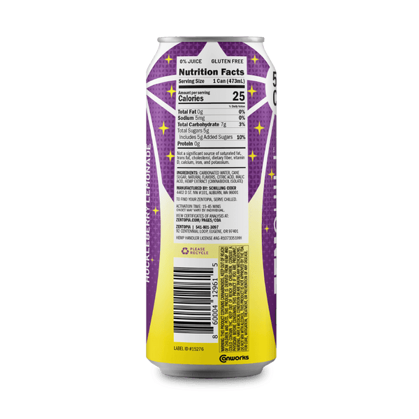 Can of CBD Hucklebrry lemonade with nutrition facts label on a dark background