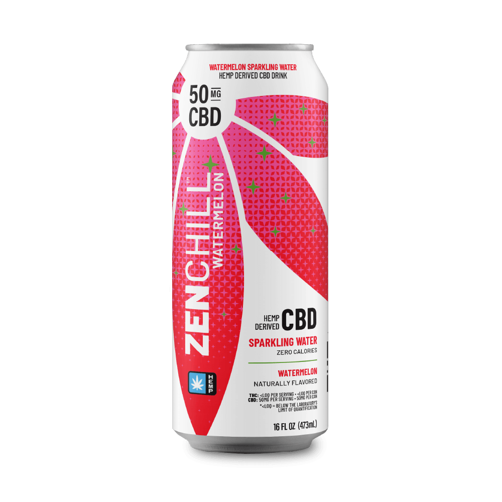Zenchill watermelon CBD sparkling water can on a gray background