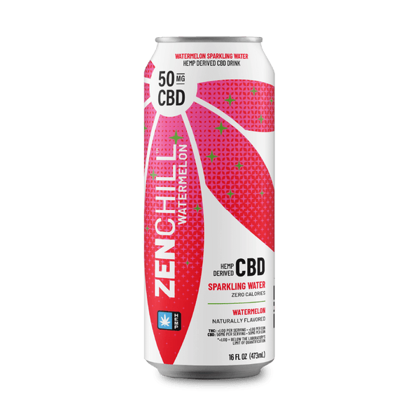 Zenchill watermelon CBD sparkling water can on a gray background