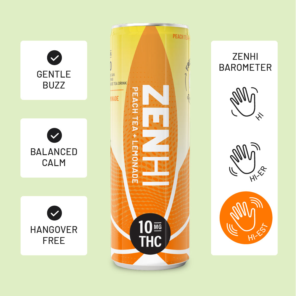 ZENHI peach tea lemonade can with branding and product features on a light green background