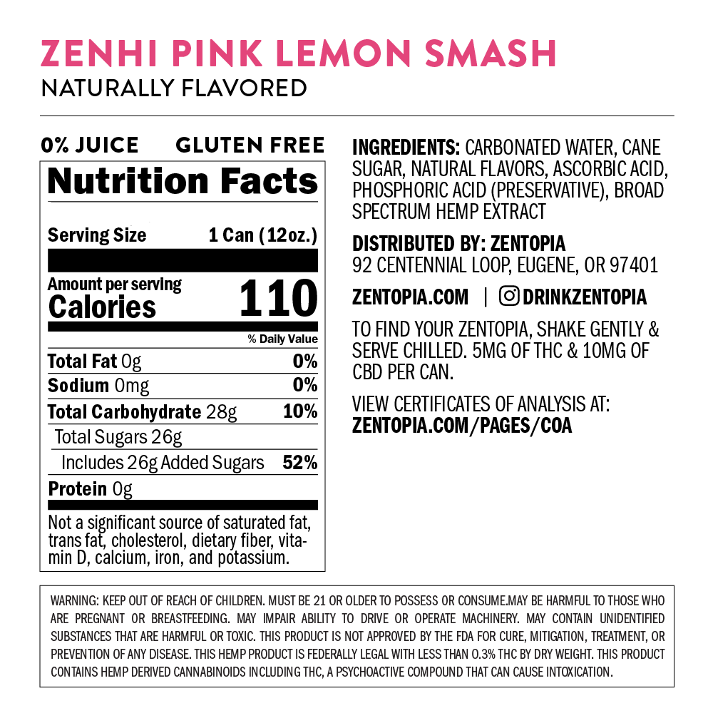 Zenhi Pink Lemon Smash - 5mg THC + 10mg CBD Drink: Nutrition Facts