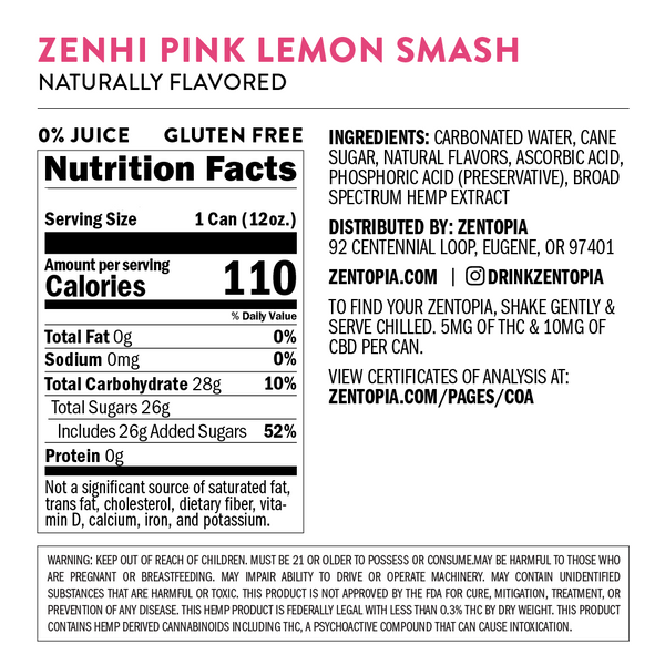 Zenhi Pink Lemon Smash - 5mg THC + 10mg CBD Drink: Nutrition Facts