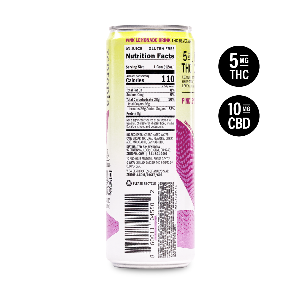 Zenhi Pink Lemon Smash - 5mg THC + 10mg CBD Drink: Nutrition Facts on the back of the can