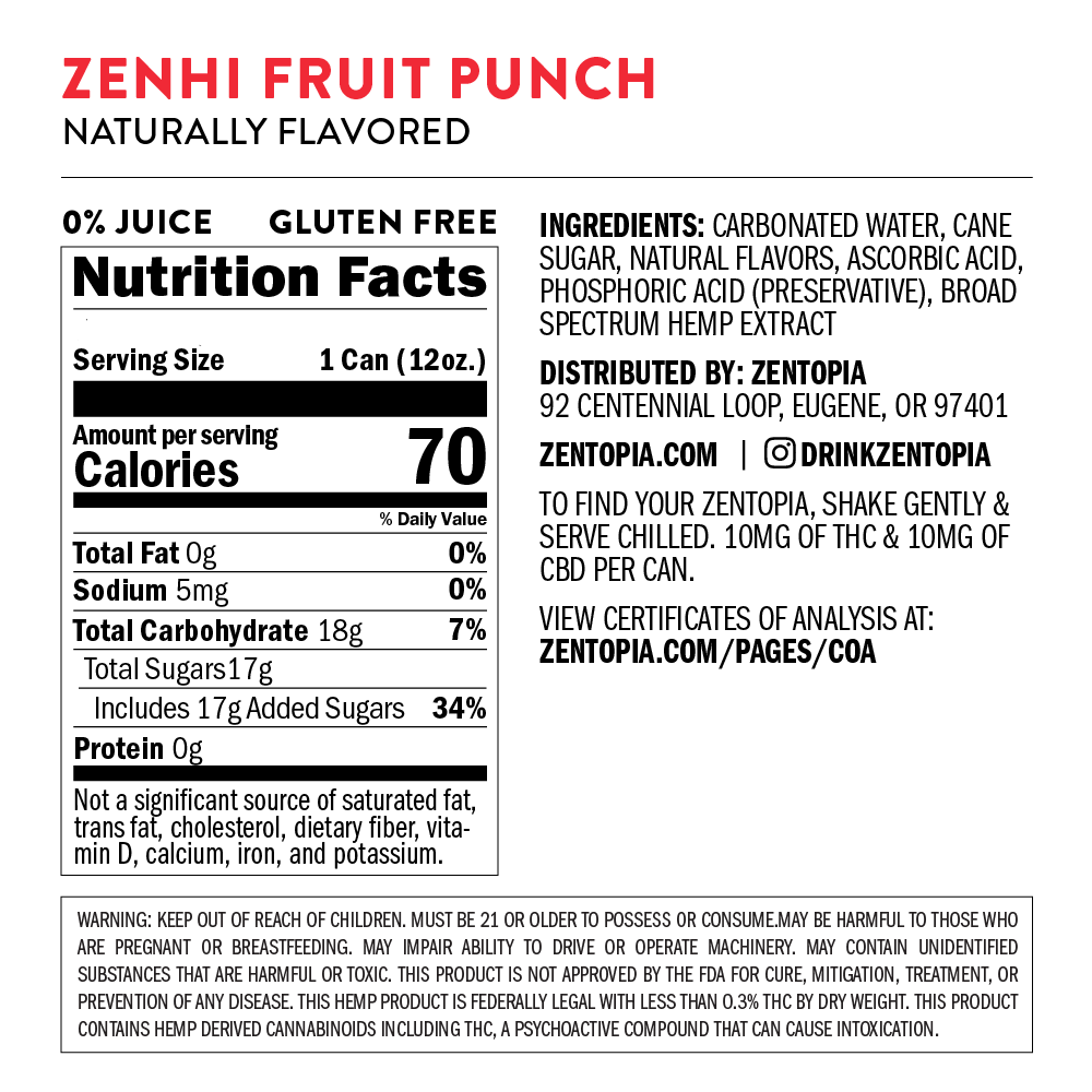 Zenhi Punch Bowl - 5mg THC + 10mg CBD Drink: Nutrition Facts