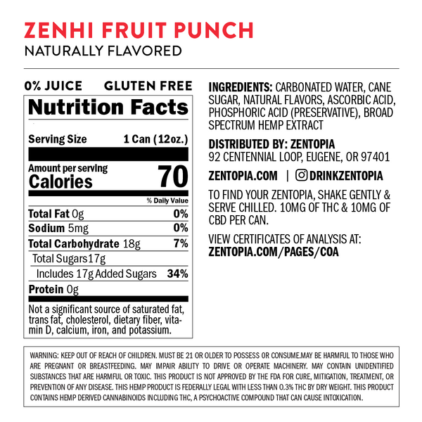 Zenhi Punch Bowl - 5mg THC + 10mg CBD Drink: Nutrition Facts