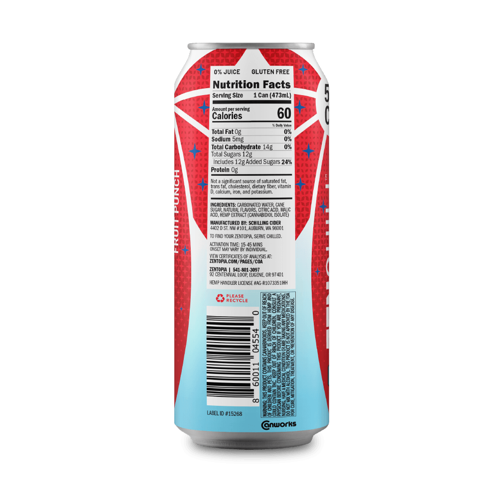 Can of Zentopia Fruit Punch CBD sparkling water with nutrition facts label on a solid background