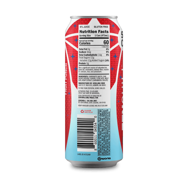 Can of Zentopia Fruit Punch CBD sparkling water with nutrition facts label on a solid background