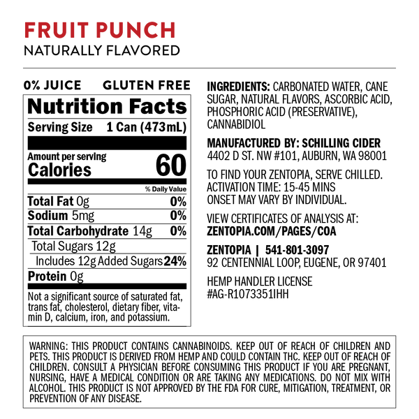 Nutrition facts label for a product called 'Fruit Punch' with ingredients and manufacturing details.