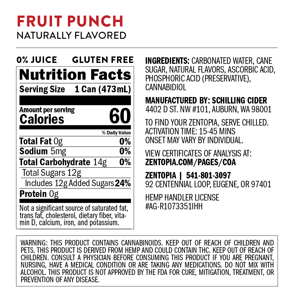Nutrition facts label for a product called 'Fruit Punch' with ingredients and manufacturing details.