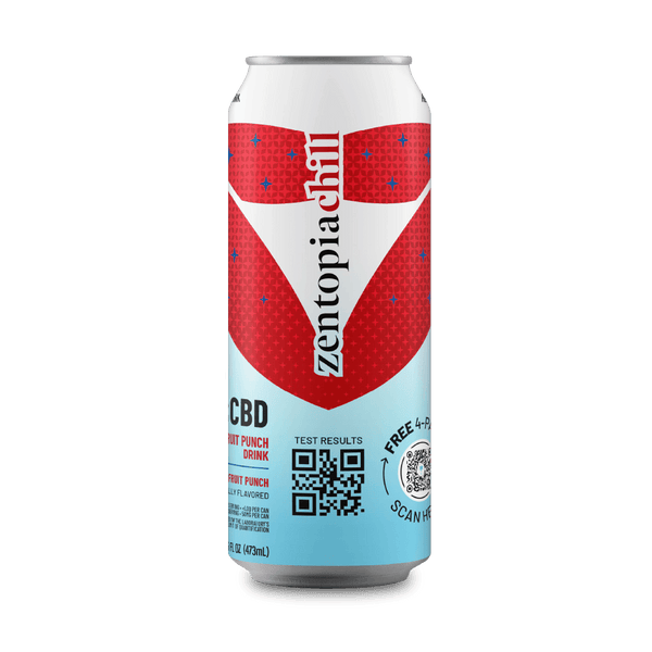 Zentopiachilli Fruit Punch CBD drink can with red and blue design on a dark gray background
