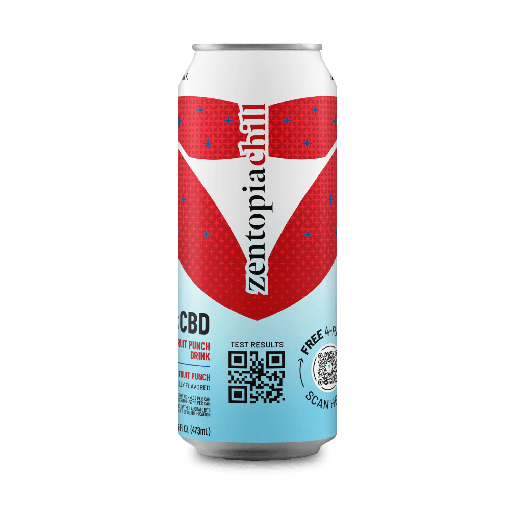 Zentopiachilli Fruit Punch CBD drink can with red and blue design on a dark gray background