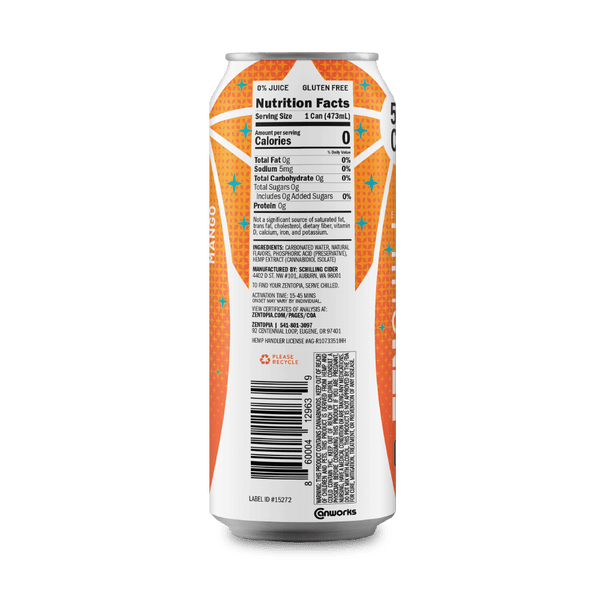 A can of Zentopia Mango CBD sparkling water with nutrition facts label on a gray background