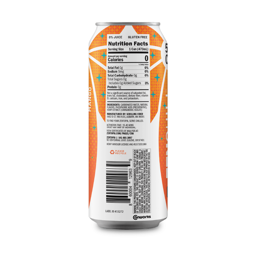 A can of Zentopia Mango CBD sparkling water with nutrition facts label on a gray background