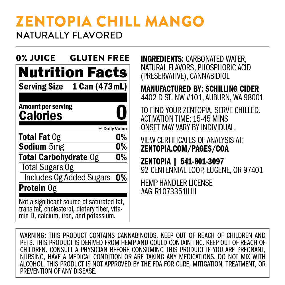 Nutrition facts label for Zentopia Chill Mango drink on a dark background