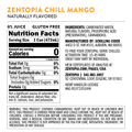 Nutrition facts label for Zentopia Chill Mango drink on a dark background