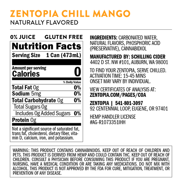 Nutrition facts label for Zentopia Chill Mango drink on a dark background
