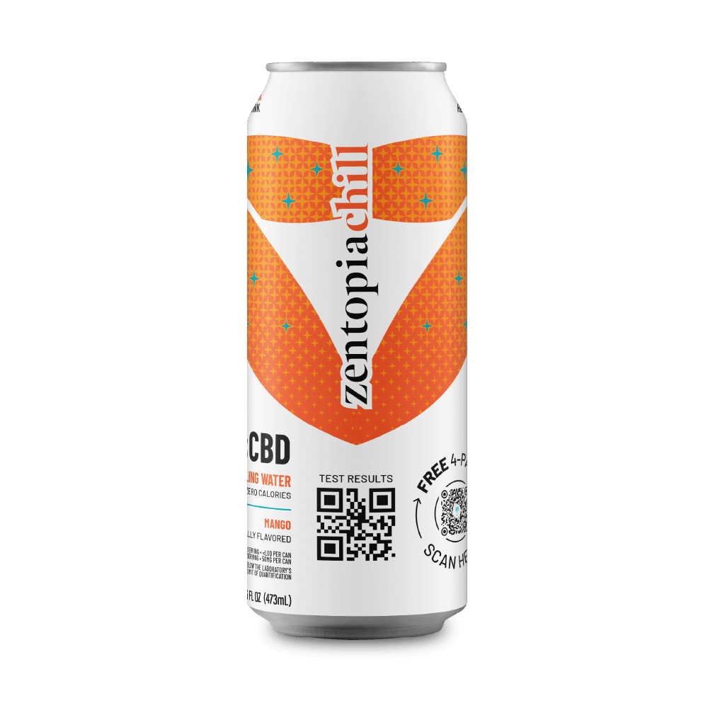 Zentopia Chill CBD drink can with orange and white design on a dark gray background
