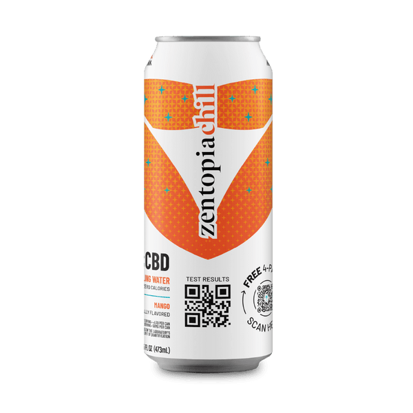 Zentopia Chill CBD drink can with orange and white design on a dark gray background