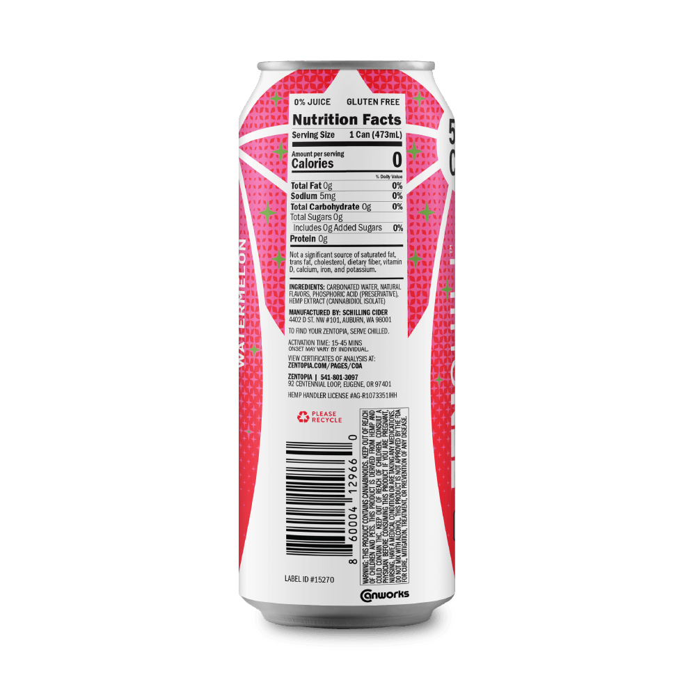 Zentopia's ZenChill Watermelon CBD sparkling water nutrition facts label on the back of a can 