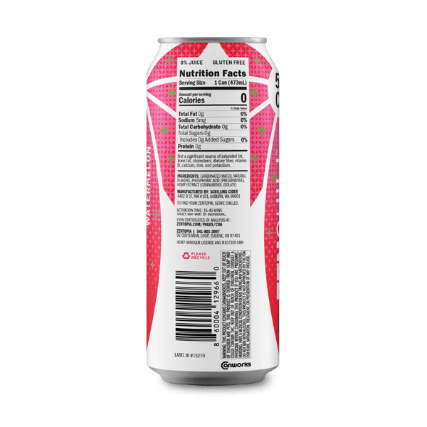 Zentopia's ZenChill Watermelon CBD sparkling water nutrition facts label on the back of a can 