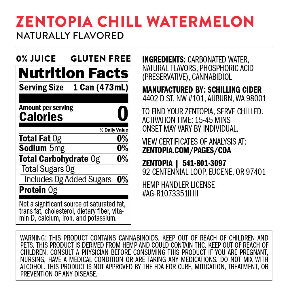 Nutrition facts label for Zentopia Chill Watermelon drink on a dark background