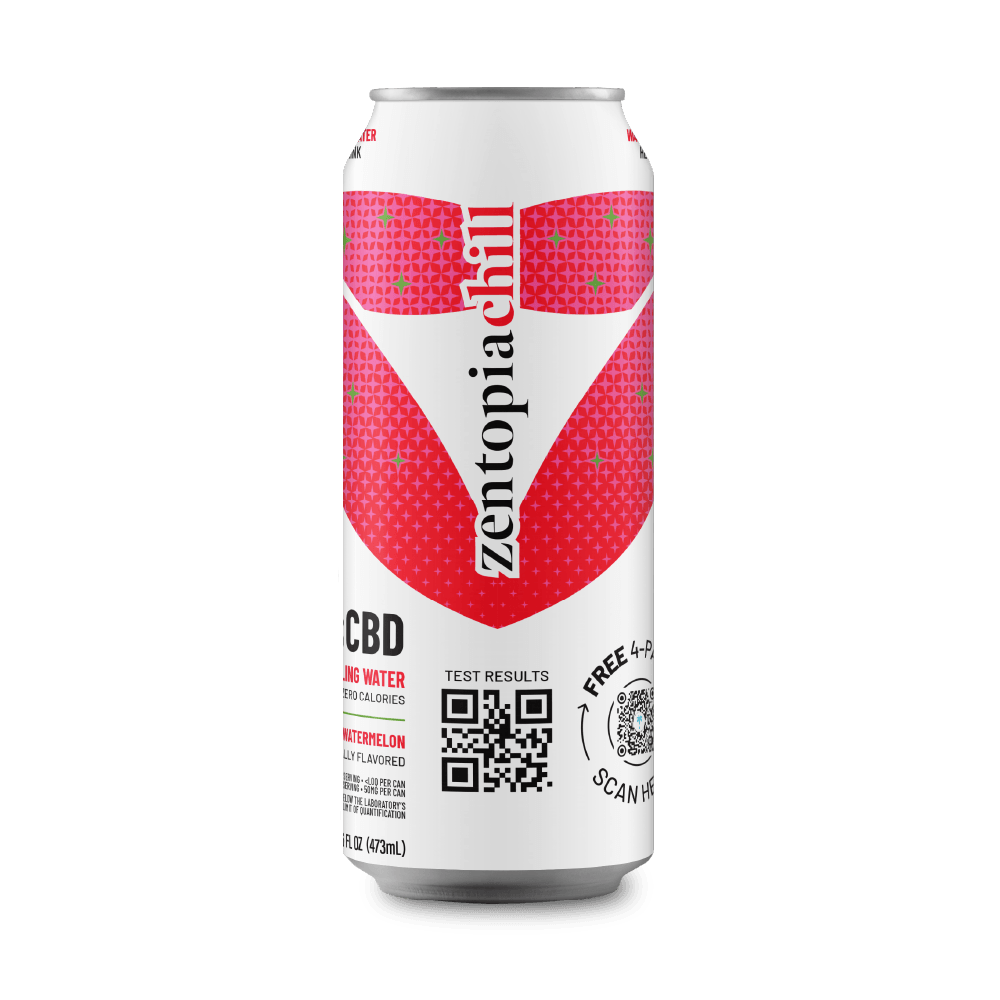 Zentopia Watermelon Chill CBD drink can on a gray background