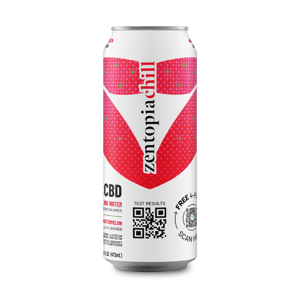 Zentopia Watermelon Chill CBD drink can on a gray background