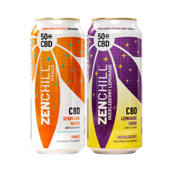 A can of Zentopia ZenChill Mango CBD Sparkling Water and a can of ZenChill CBD Huckleberry Lemonade