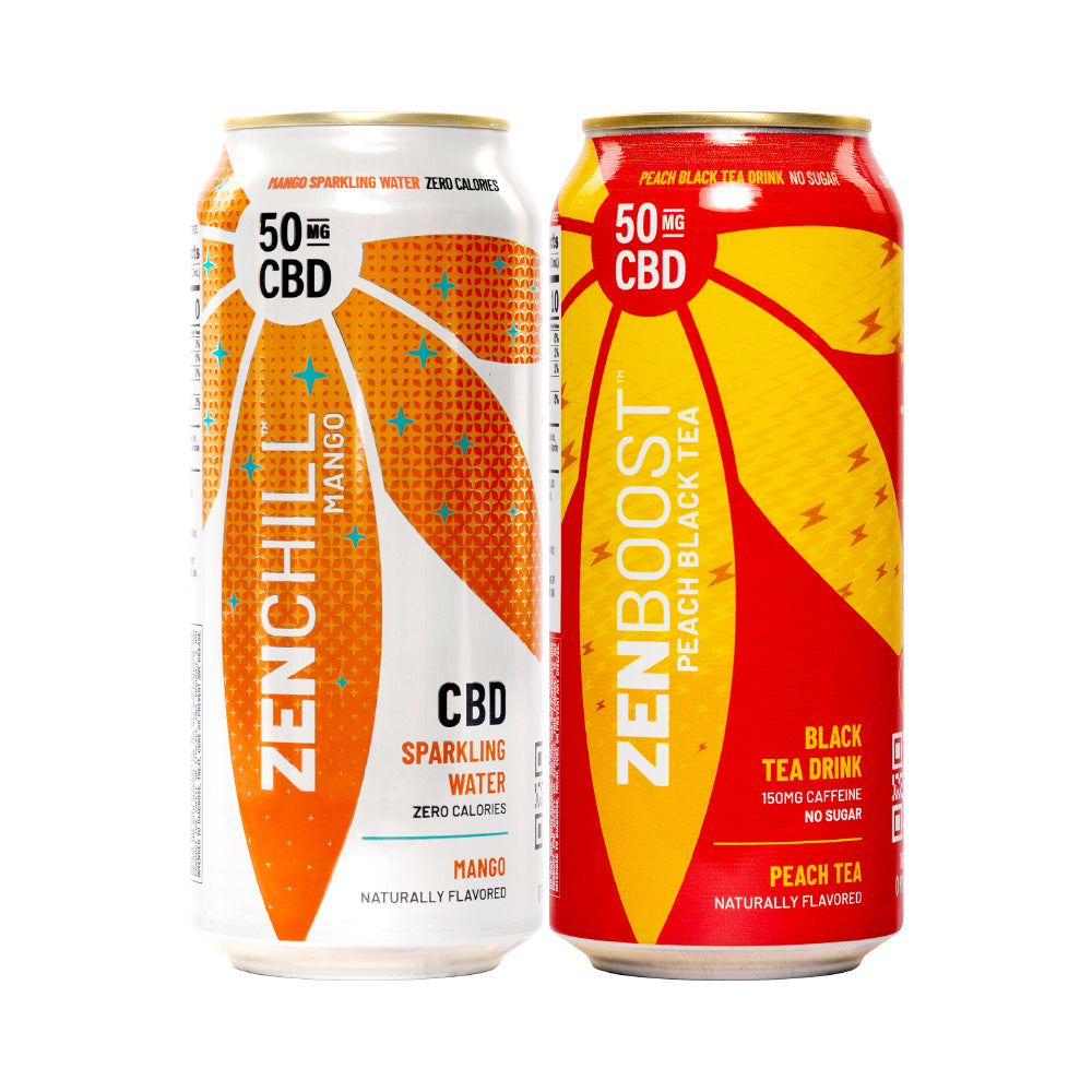 A can of Zentopia Mango CBD Sparkling Water & a can of Peach CBD Black Tea