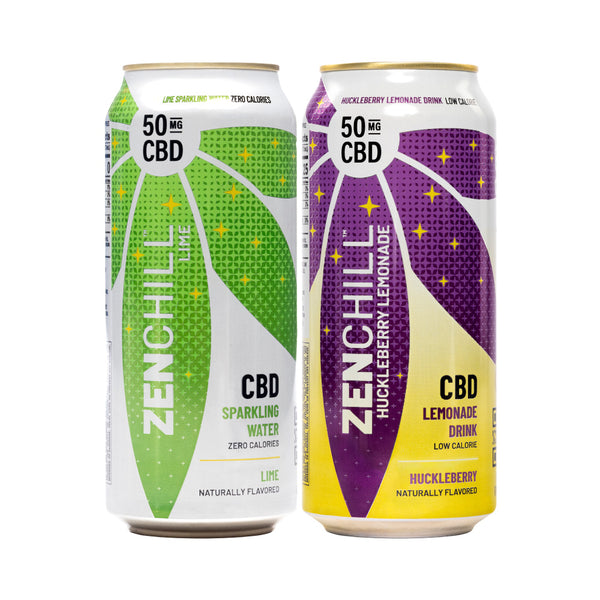 A can of Zentopia ZenChill Lime CBD Sparkling Water and a can of ZenChill CBD Huckleberry Lemonade