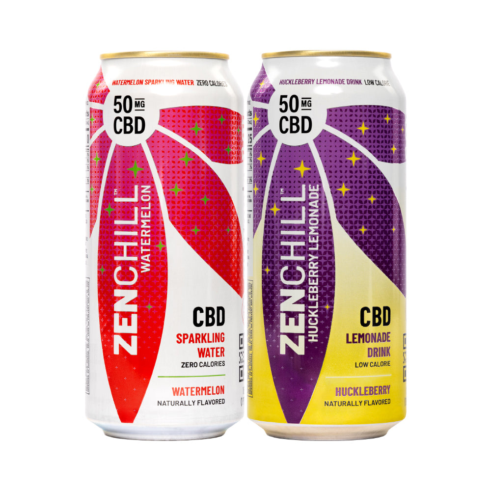 A can of Zentopia ZenChill Watermelon CBD Sparkling Water and a can of CBD Huckleberry Lemonade