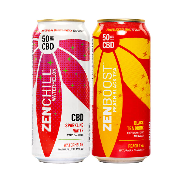 A can of Zentopia ZenChill Watermelon CBD Sparkling Water and a can of ZenBoost CBD Peach Black tea