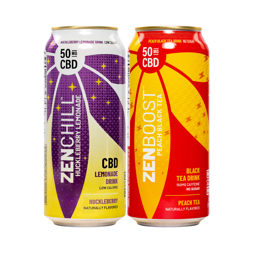 A can of Zentopia CBD Huckleberry Lemonade and a can of CBD Peach Black tea