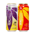 A can of Zentopia CBD Huckleberry Lemonade and a can of CBD Peach Black tea