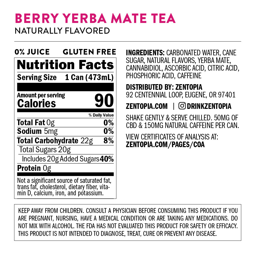 Zentopia ZenBoost Berry Yerba Mate CBD infused tea nutrition facts