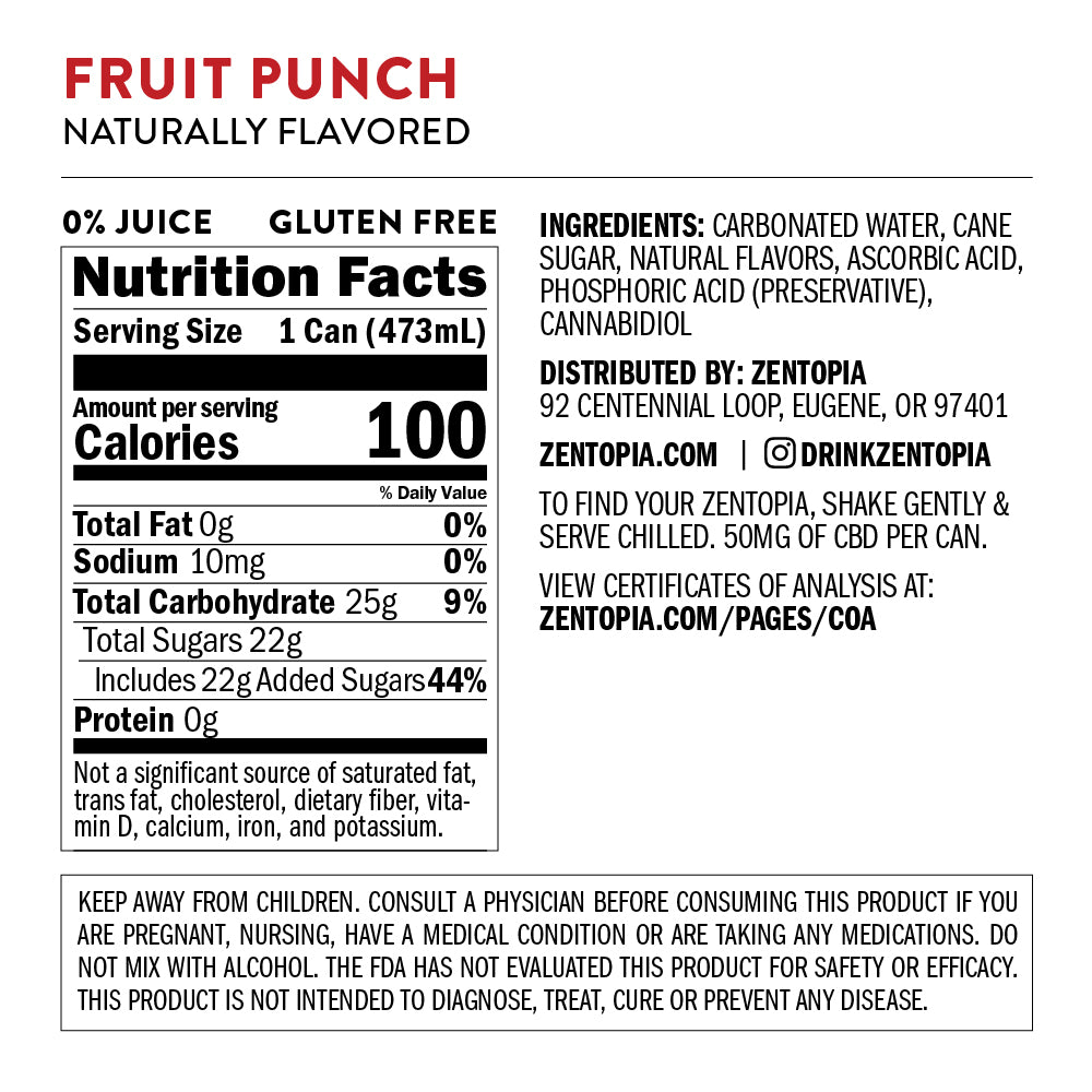 Zentopia Fruit Punch Chill CBD Sparkling Water - Nutritional Facts
 