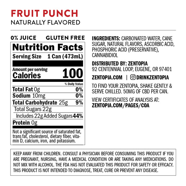 Zentopia Fruit Punch Chill CBD Sparkling Water - Nutritional Facts
 