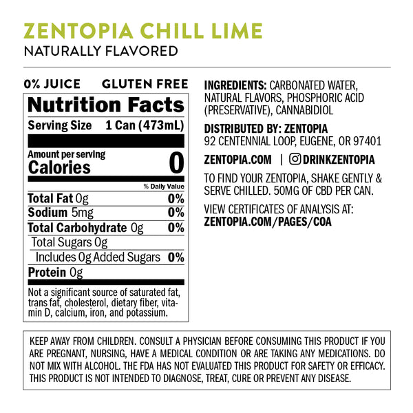 Zentopia ZenChill Lime CBD Sparkling Water nutrition facts