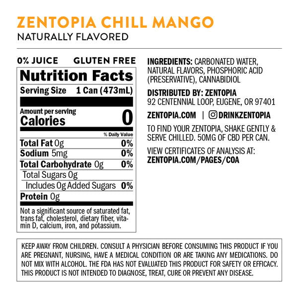 Zentopia ZenChill Mango CBD Sparkling Water nutrition facts